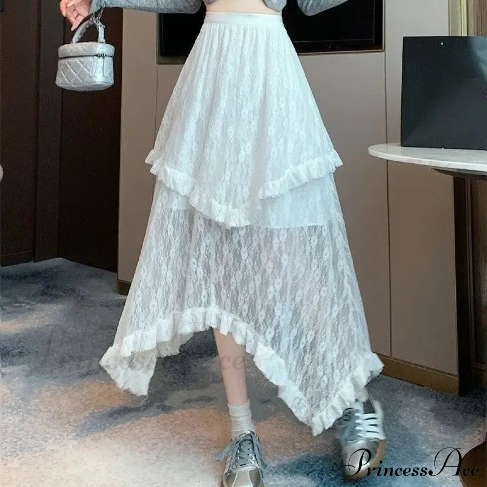 Lace Fairycore Tulle Ruffle Irregular Skirt