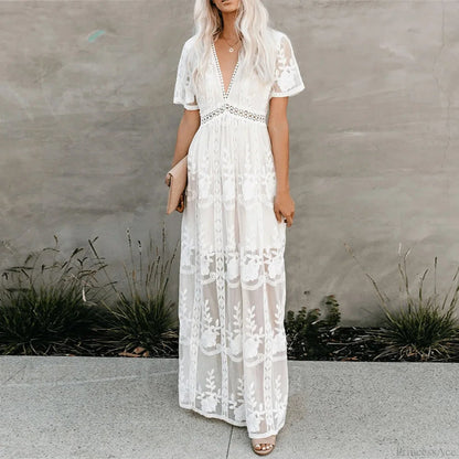 Lace Maxi Dress White Deep V-neck Summer Dress