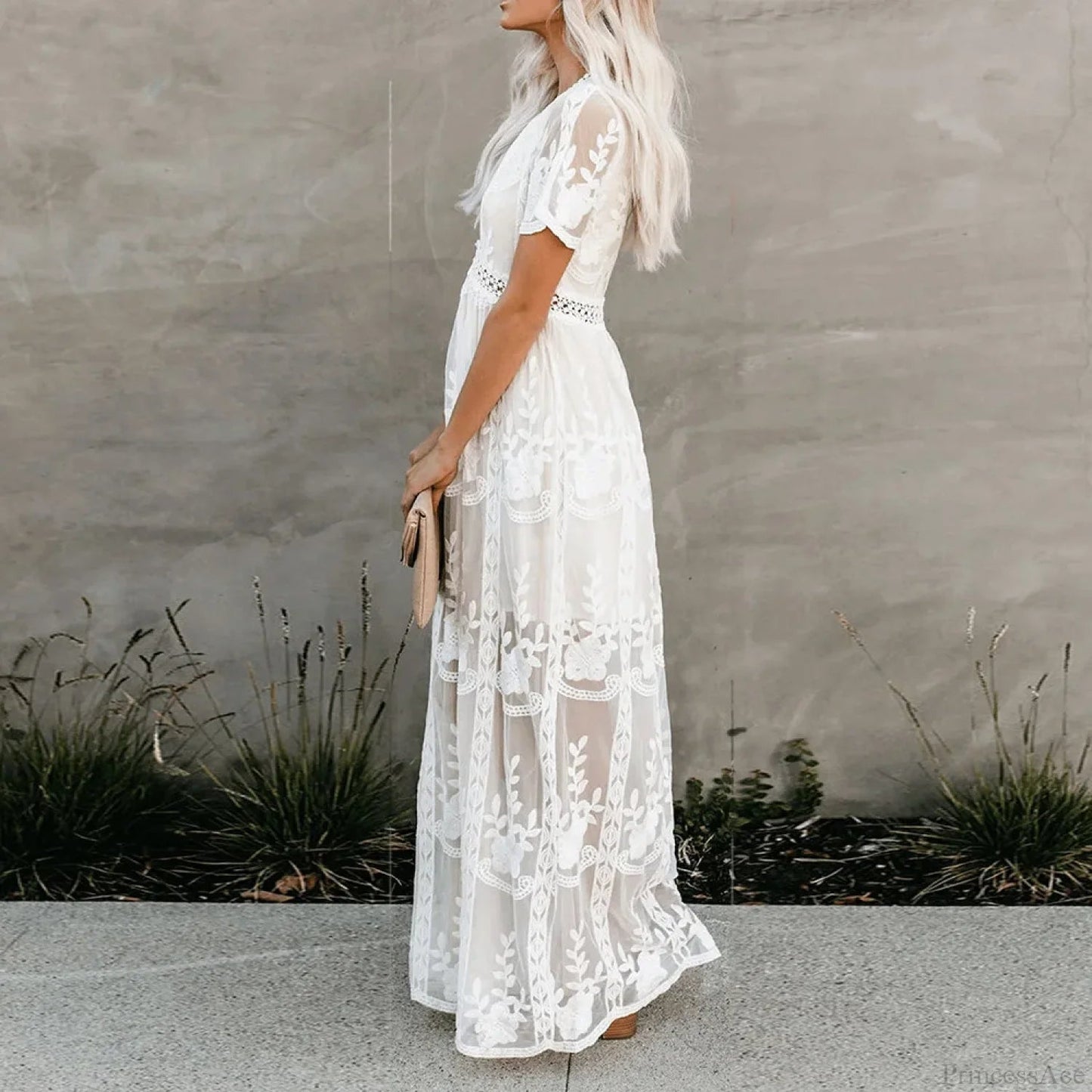 Lace Maxi Dress White Deep V-neck Summer Dress