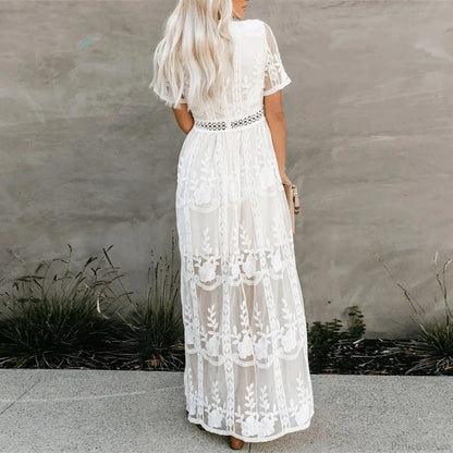 Lace Maxi Dress White Deep V-neck Summer Dress