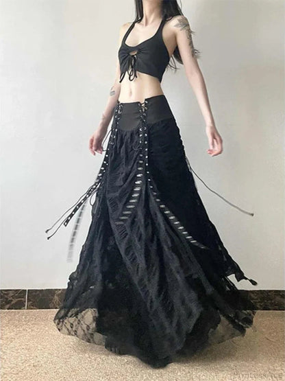 Lace Mesh Fairy Bow Long Skirt
