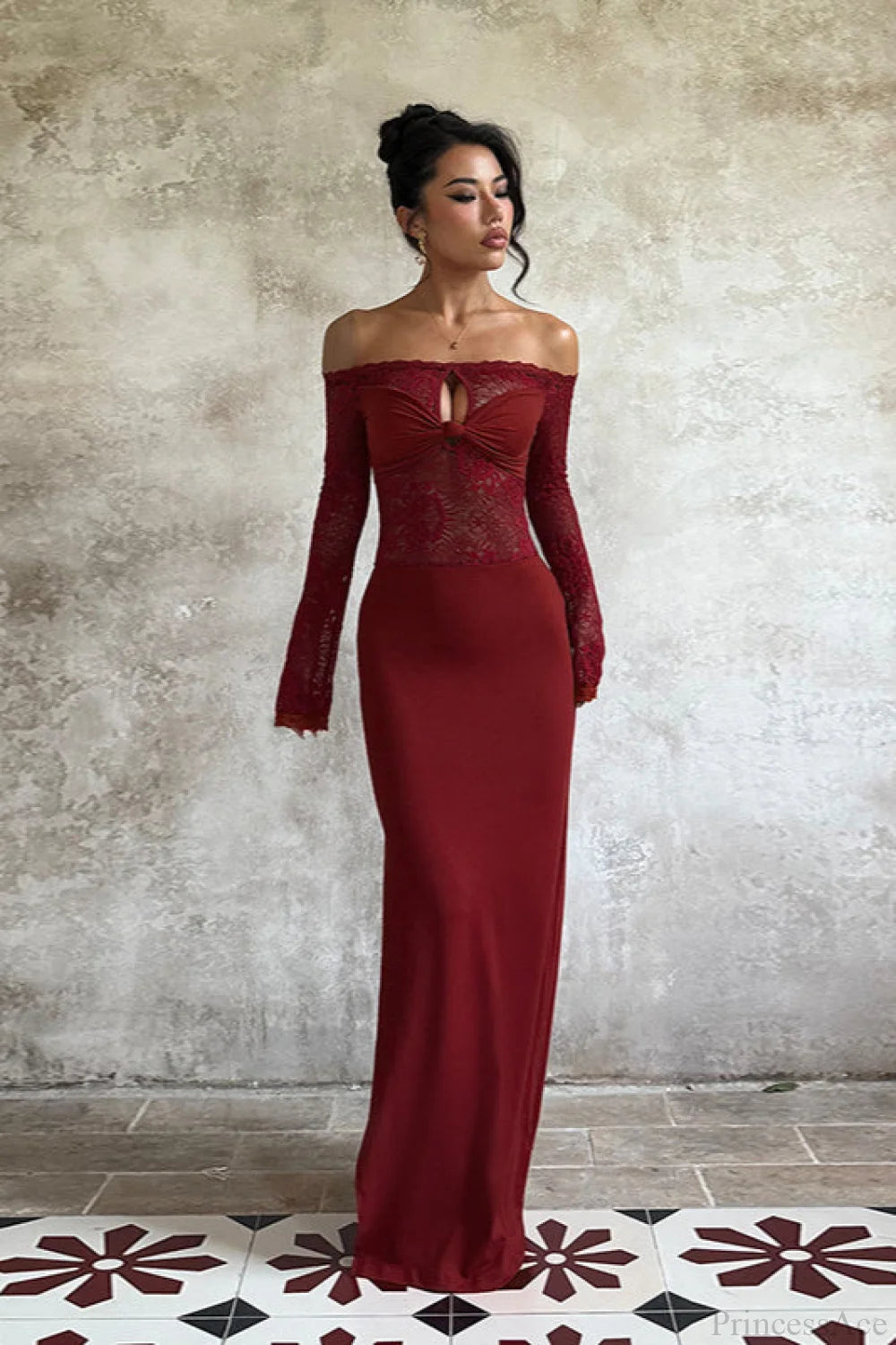 Lace Off Shoulder Bodycon Maxi Dress