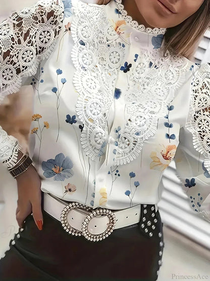 Lace Patchwork Hollow Out Button-up Office Blouse