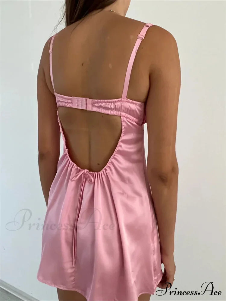 Lace Patchwork Ruched Sleeveless Strap Backless Mini Dress
