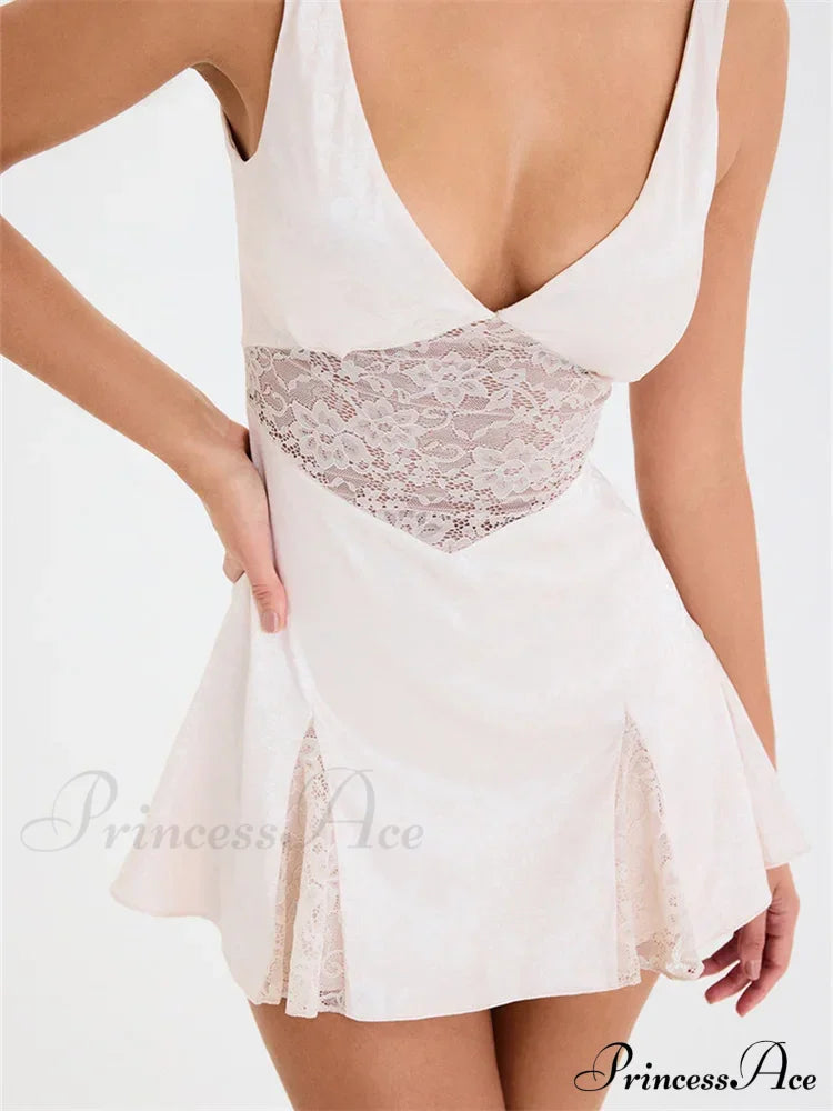 Lace Patchwork See Through a - Line Mini Dress