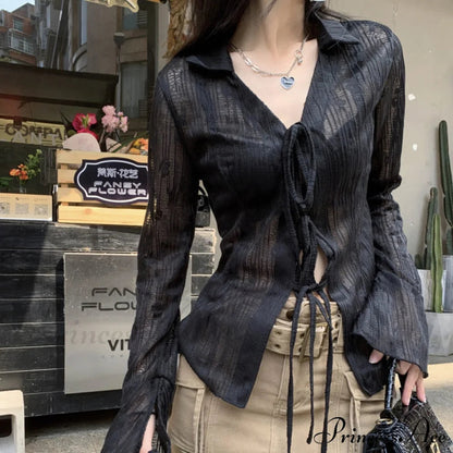 Lace Shirts Long Arm Slim Harajuku Transparent Blouse Korean Black Goth Aesthetic