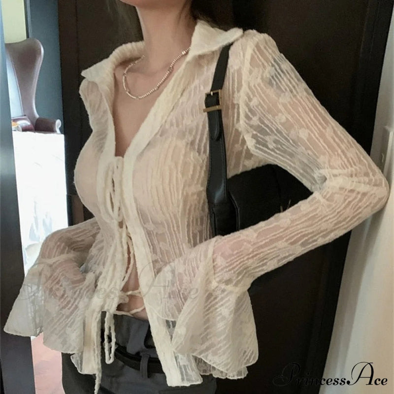 Lace Shirts Long Arm Slim Harajuku Transparent Blouse Korean Black Goth Aesthetic