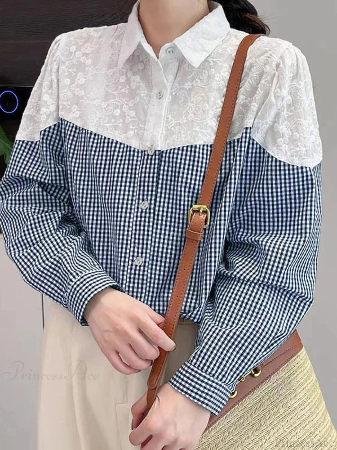 Lace Stitching Plaid Long Sleeve Blouse Blouse