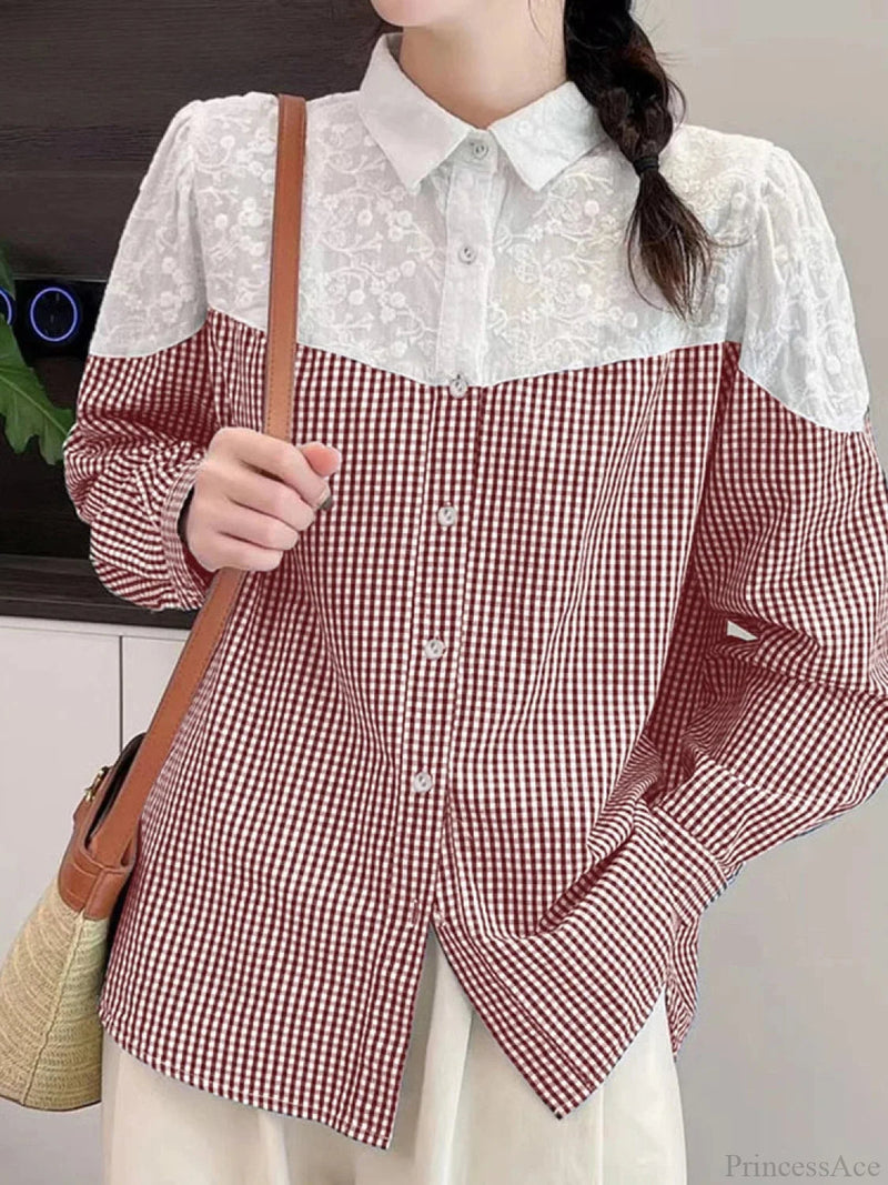 Lace Stitching Plaid Long Sleeve Blouse Blouse