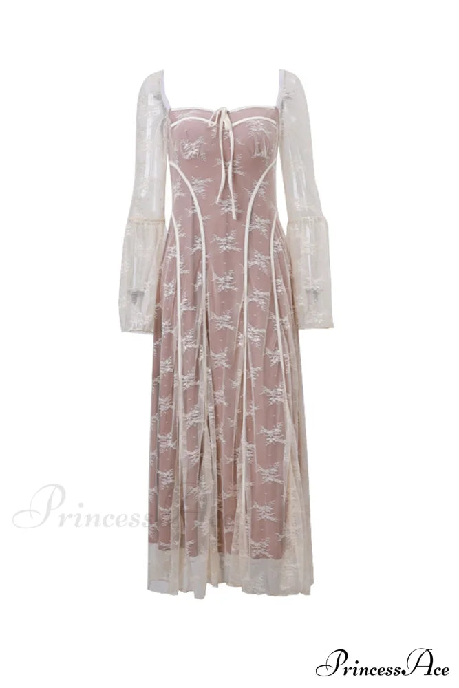 Lace Tie-up Flares Sleeve Midi Dress