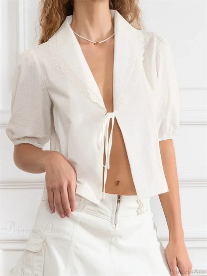 Lace Trim Front Tie-up V-neck Blouse