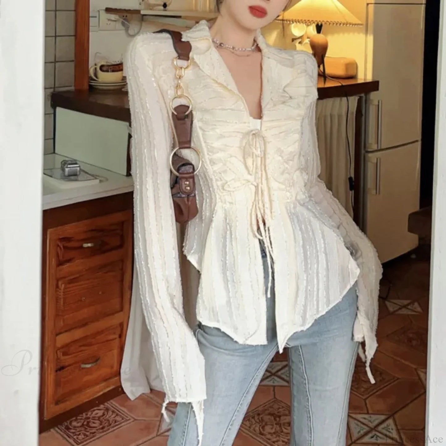 Lace Up Blouse Turn-down Collar Blouse