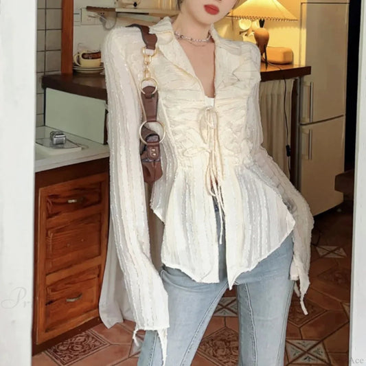 Lace Up Blouse Turn-down Collar Blouse