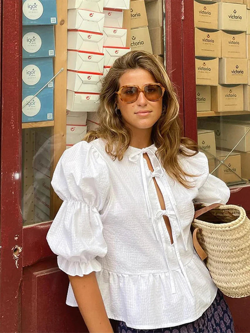 Lace-up Tie-up Puff Sleeve Midi Blouse