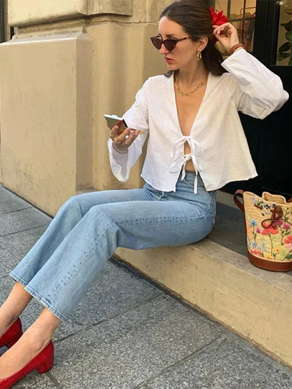 Lace-up V-neck Loose Long Sleeve Blouse