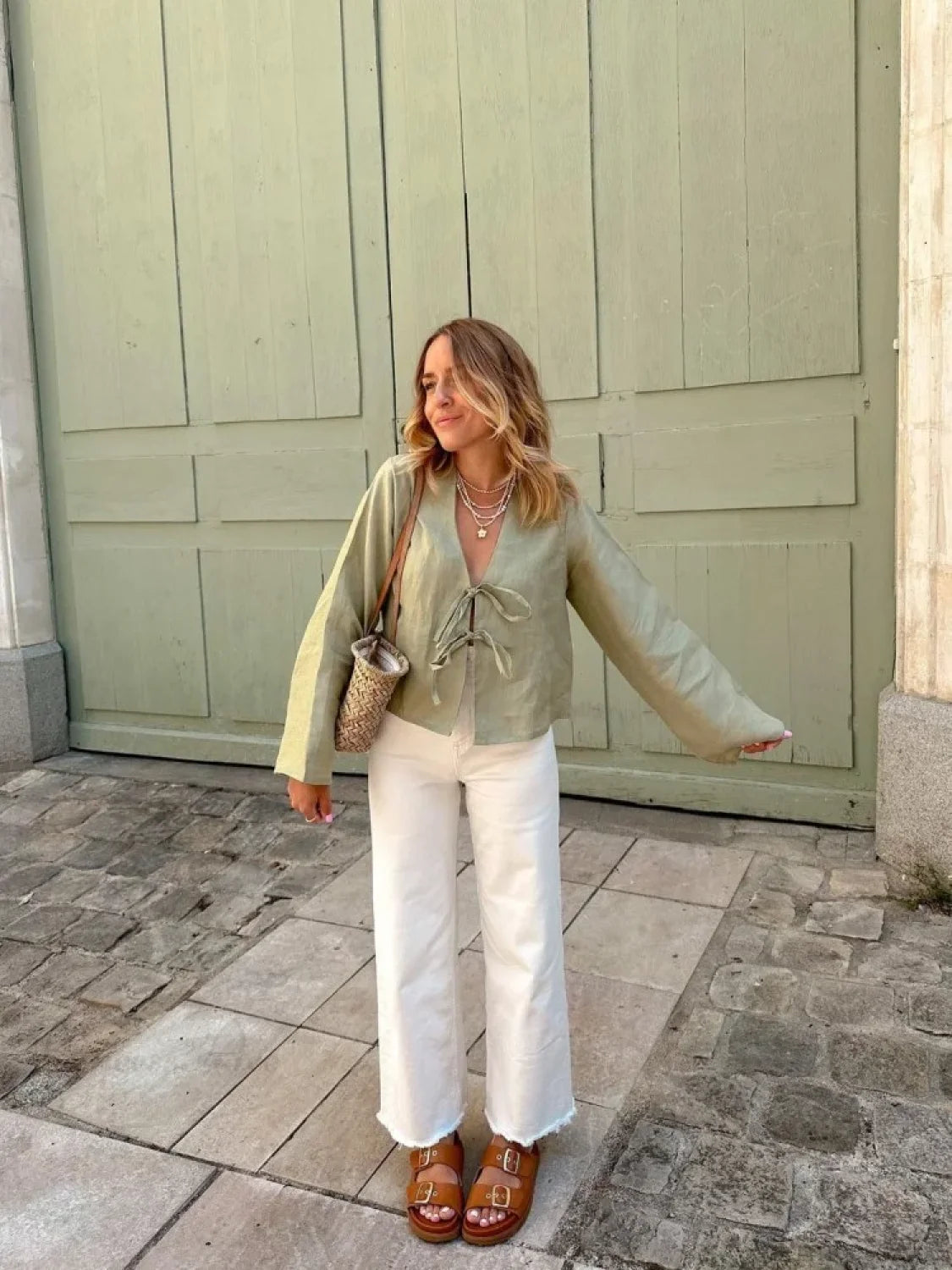 Lace-up V-neck Loose Long Sleeve Blouse