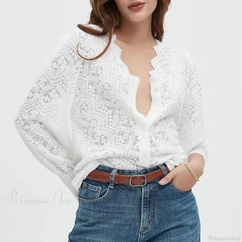 Lace V-neck Long Sleeve Blouse