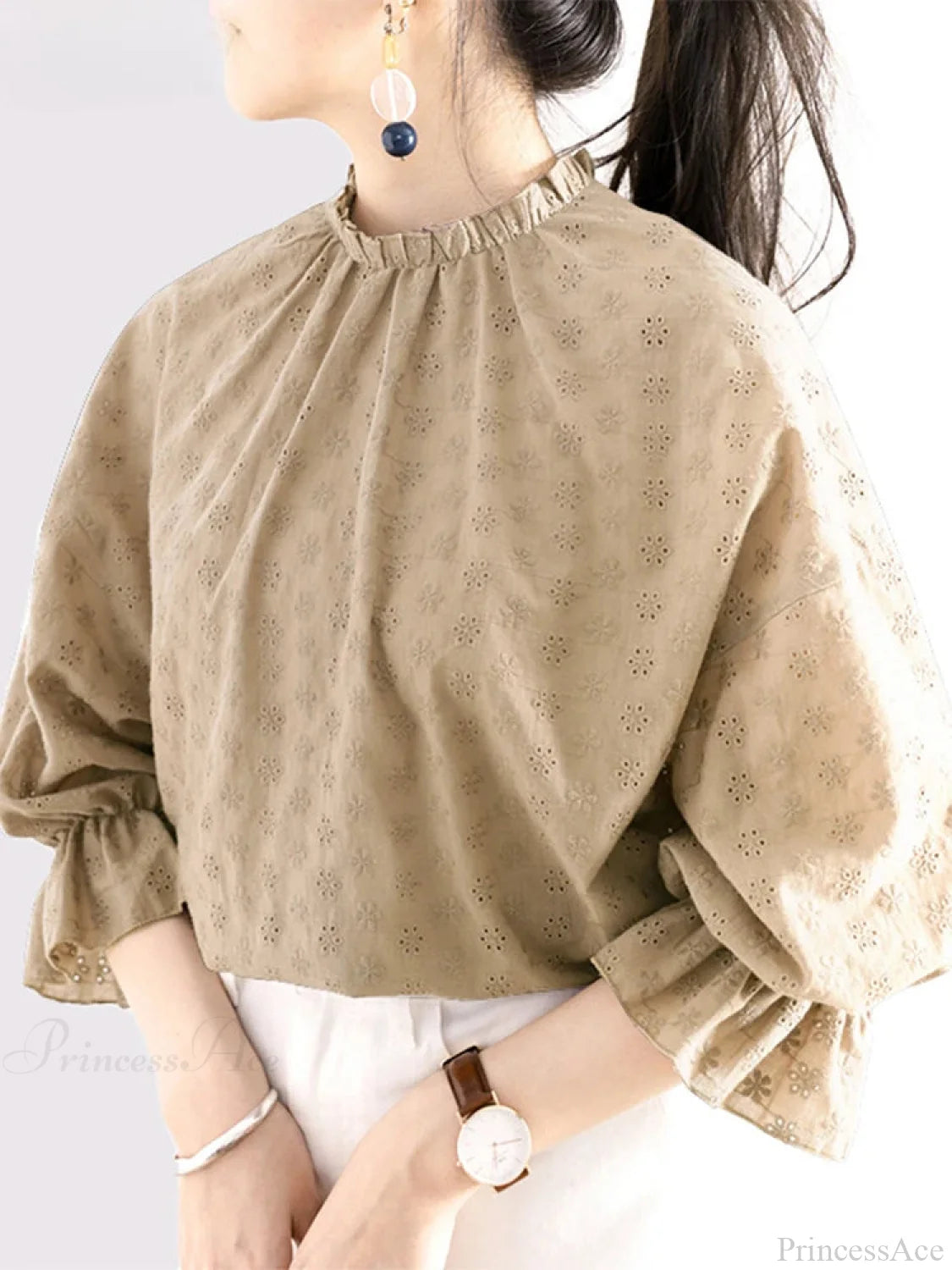 Lacing Pleating Lantern Sleeve Blouse Blouse