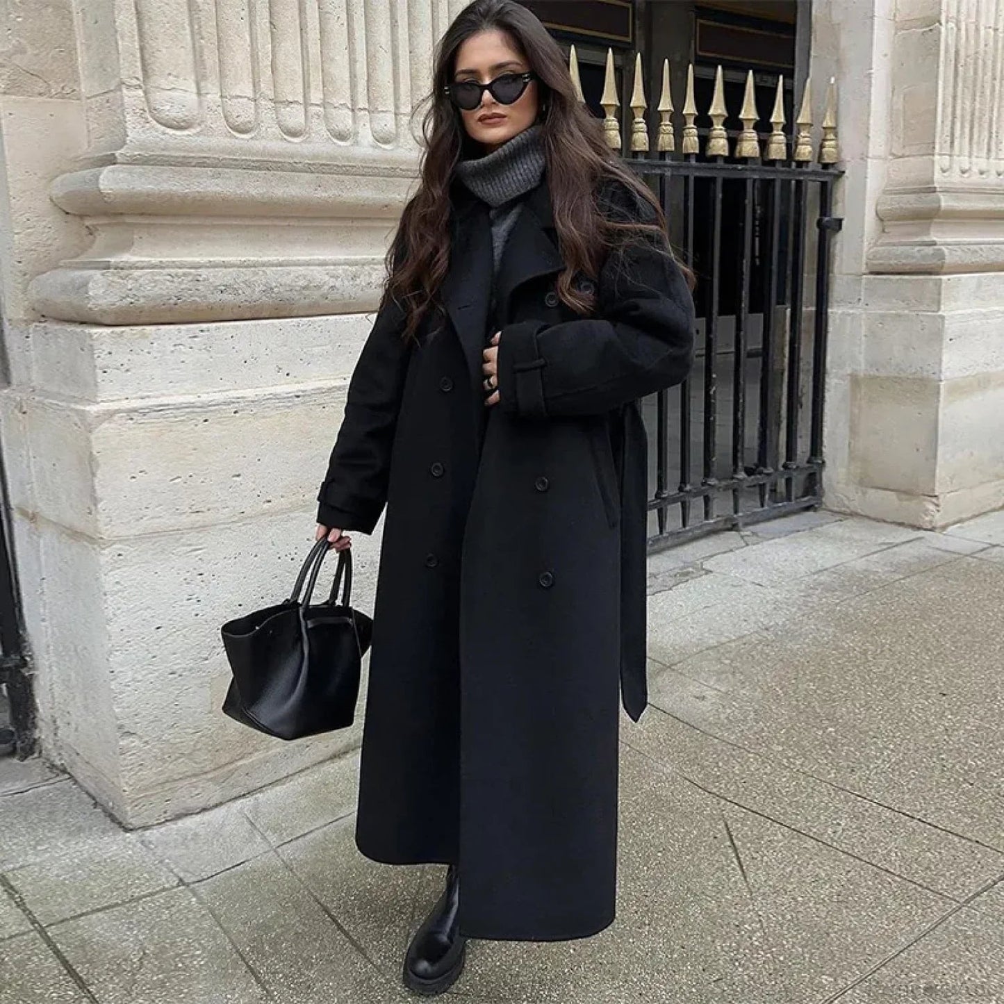 Lamb Wool Patchwork Leather Belted Overcoat