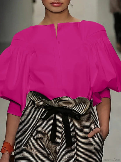 Lantern Quarter Sleeve Button Round Neck Blouse
