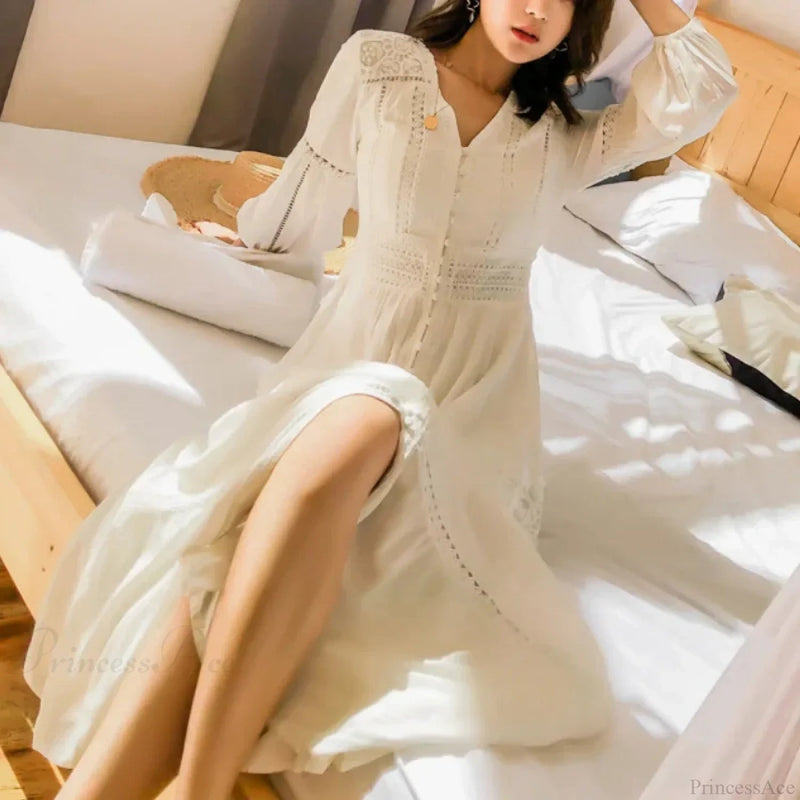 Lantern Sleeve Cotton Rayon Lace Splice Long Dress White V-neck