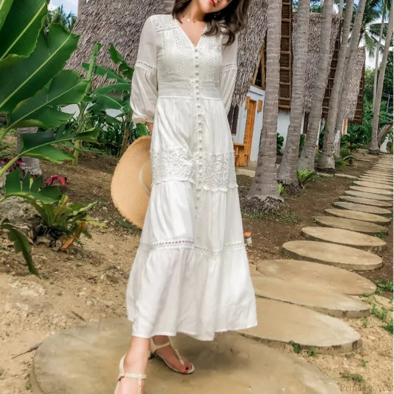 Lantern Sleeve Cotton Rayon Lace Splice Long Dress White V-neck