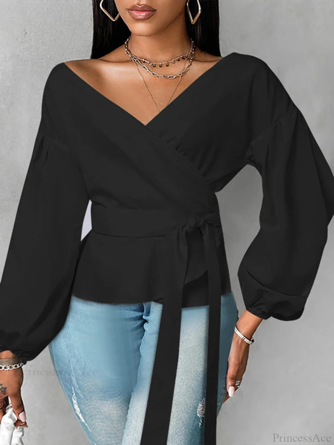 Lantern Sleeve Ruffled Belted Color Blouse
