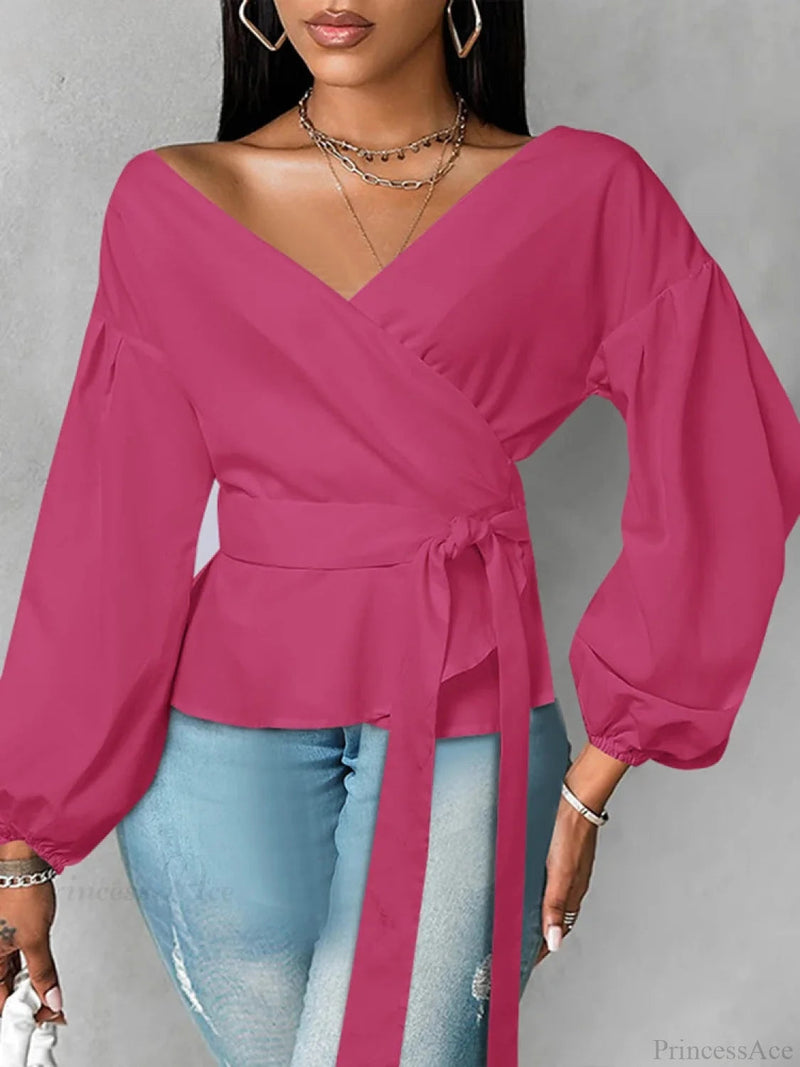 Lantern Sleeve Ruffled Belted Color Blouse