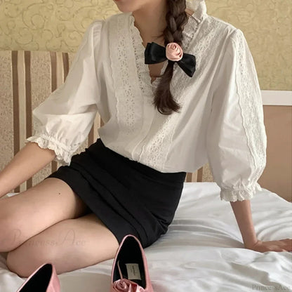 Lantern Sleeve Ruffles V-neck Cotton Office Blouse