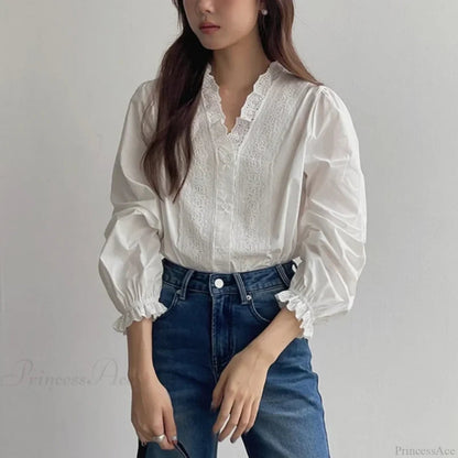 Lantern Sleeve Ruffles V-neck Cotton Office Blouse