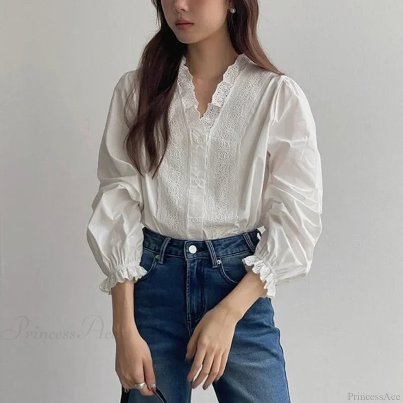 Lantern Sleeve Ruffles V-neck Cotton Office Blouse