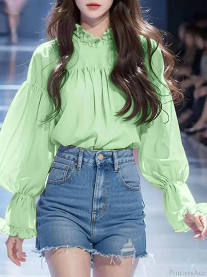 Lantern Sleeve Stand Collar Blouse