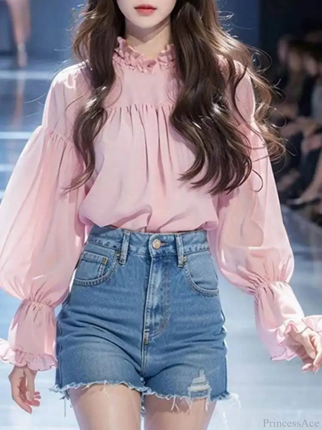 Lantern Sleeve Stand Collar Blouse
