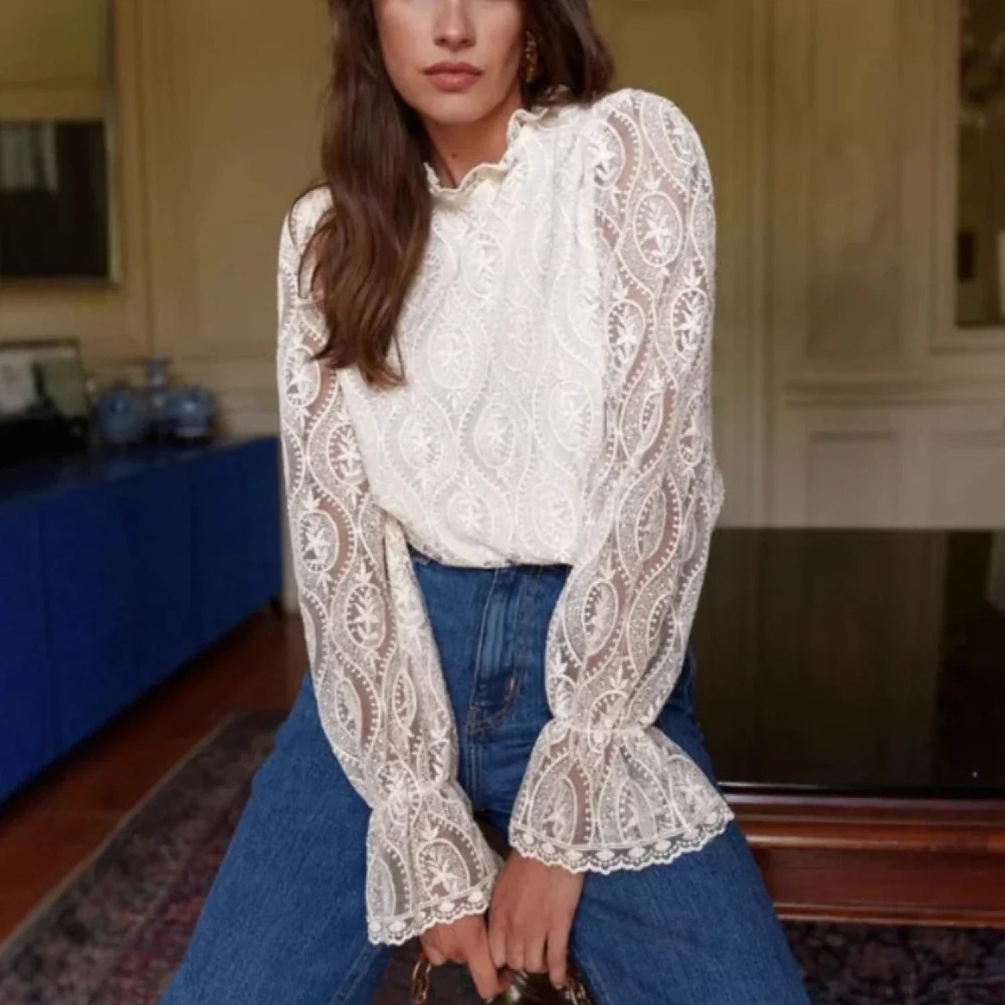 Lantern Sleeve Stand Neck Blouse