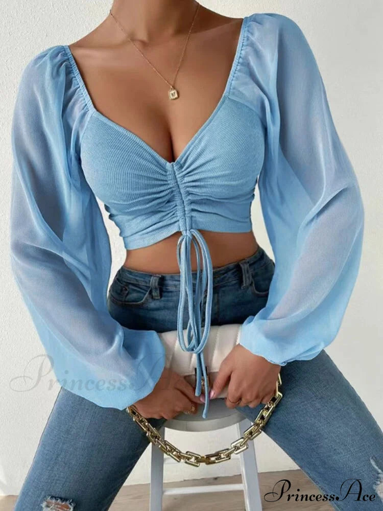 Lantern Sleeve V-neck Blouses