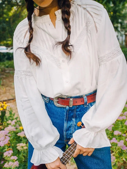 Lantern Sleeve White Lace Party Cotton Blouse