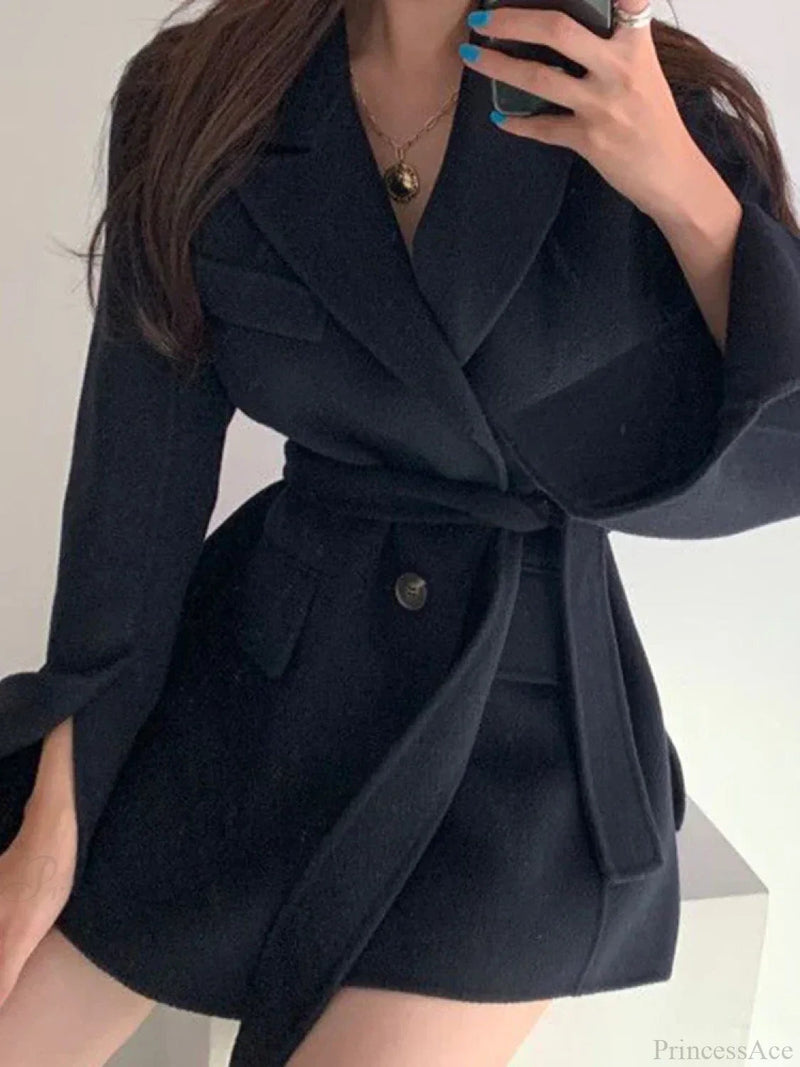 Lapel Belted Spliced Pockets Overcoat