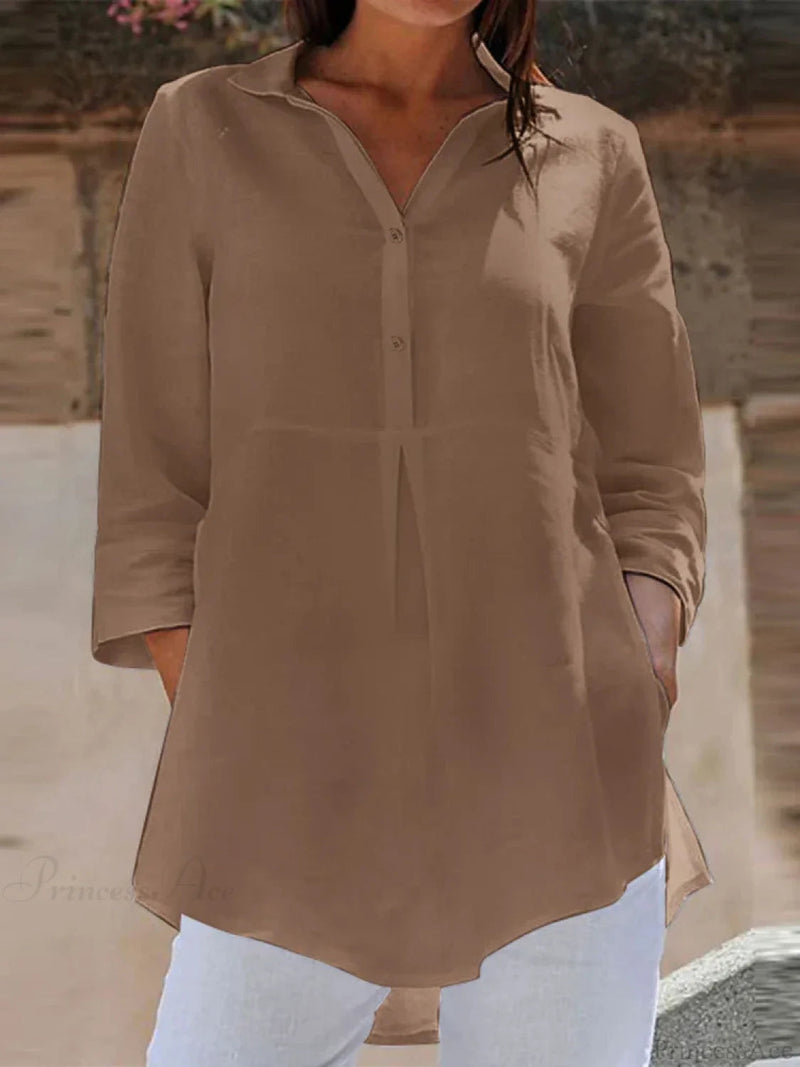 Lapel Neck 3/4 Sleeve Loose Button Blouse