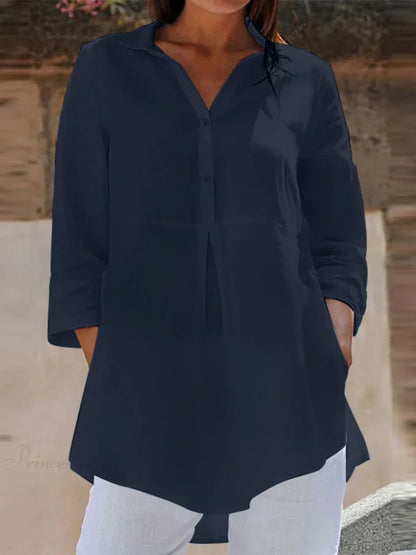 Lapel Neck 3/4 Sleeve Loose Button Blouse