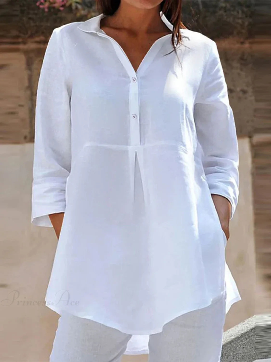 Lapel Neck 3/4 Sleeve Loose Button Blouse