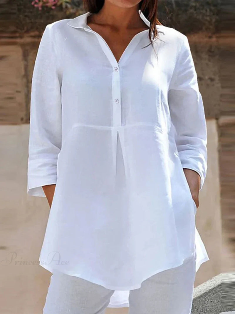 Lapel Neck 3/4 Sleeve Loose Button Blouse