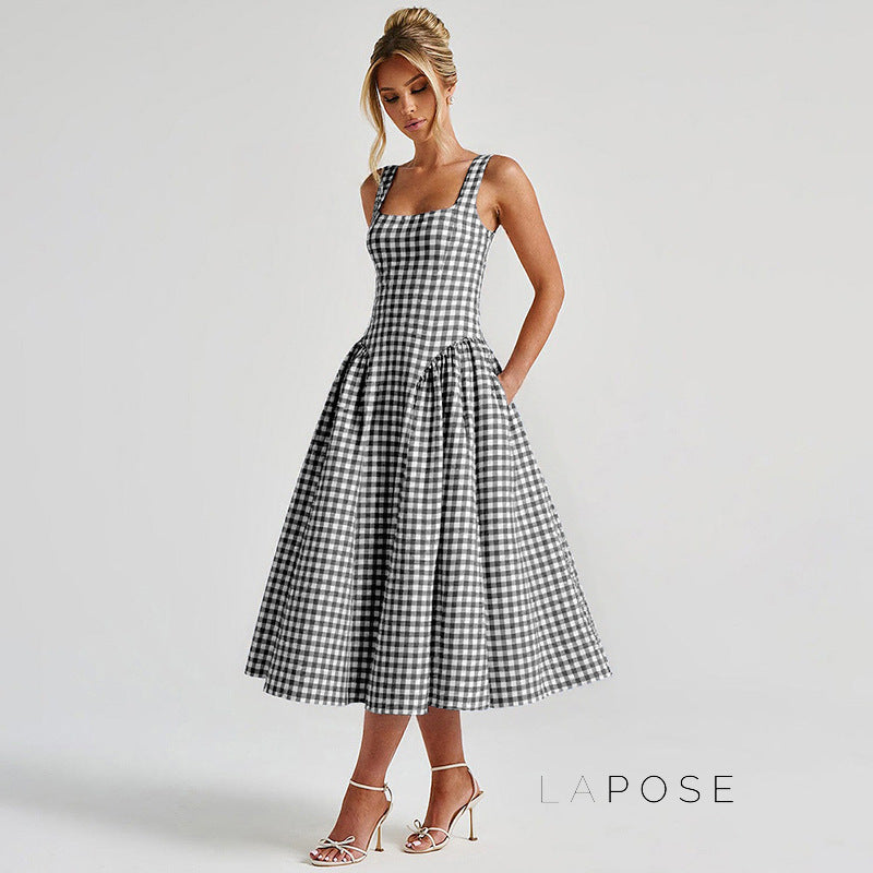 Adalae Plaid Backless Midi Dress