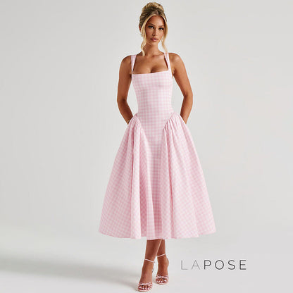 Adalae Plaid Backless Midi Dress