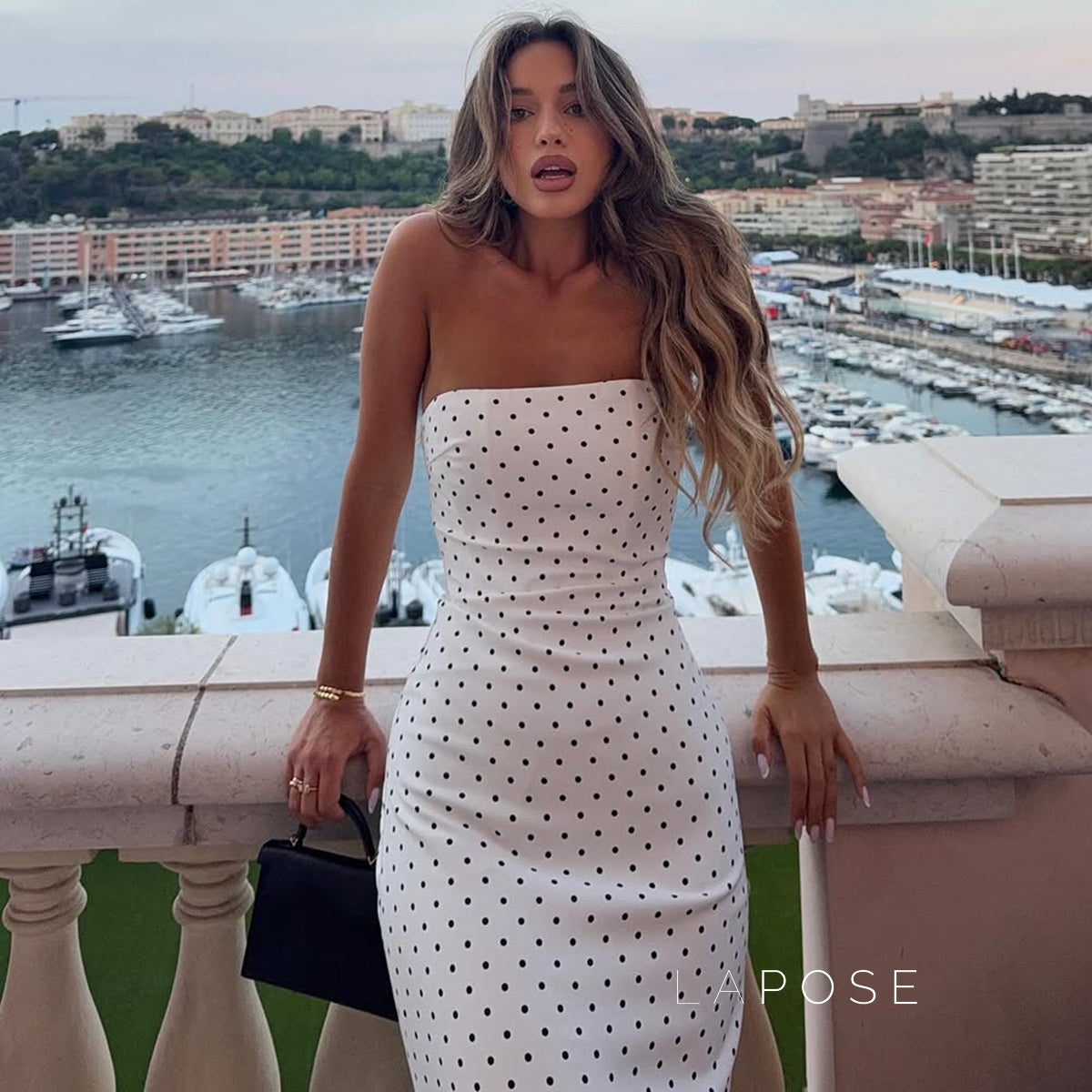 Azaria Polka Dot Strapless Midi Dress