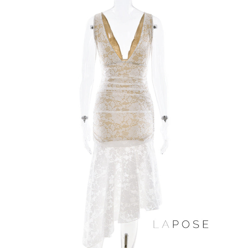 Kaliah Lace Ruched Asymmetric Dress