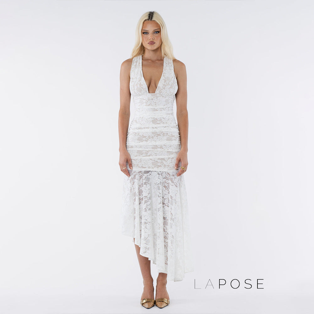 Kaliah Lace Ruched Asymmetric Dress