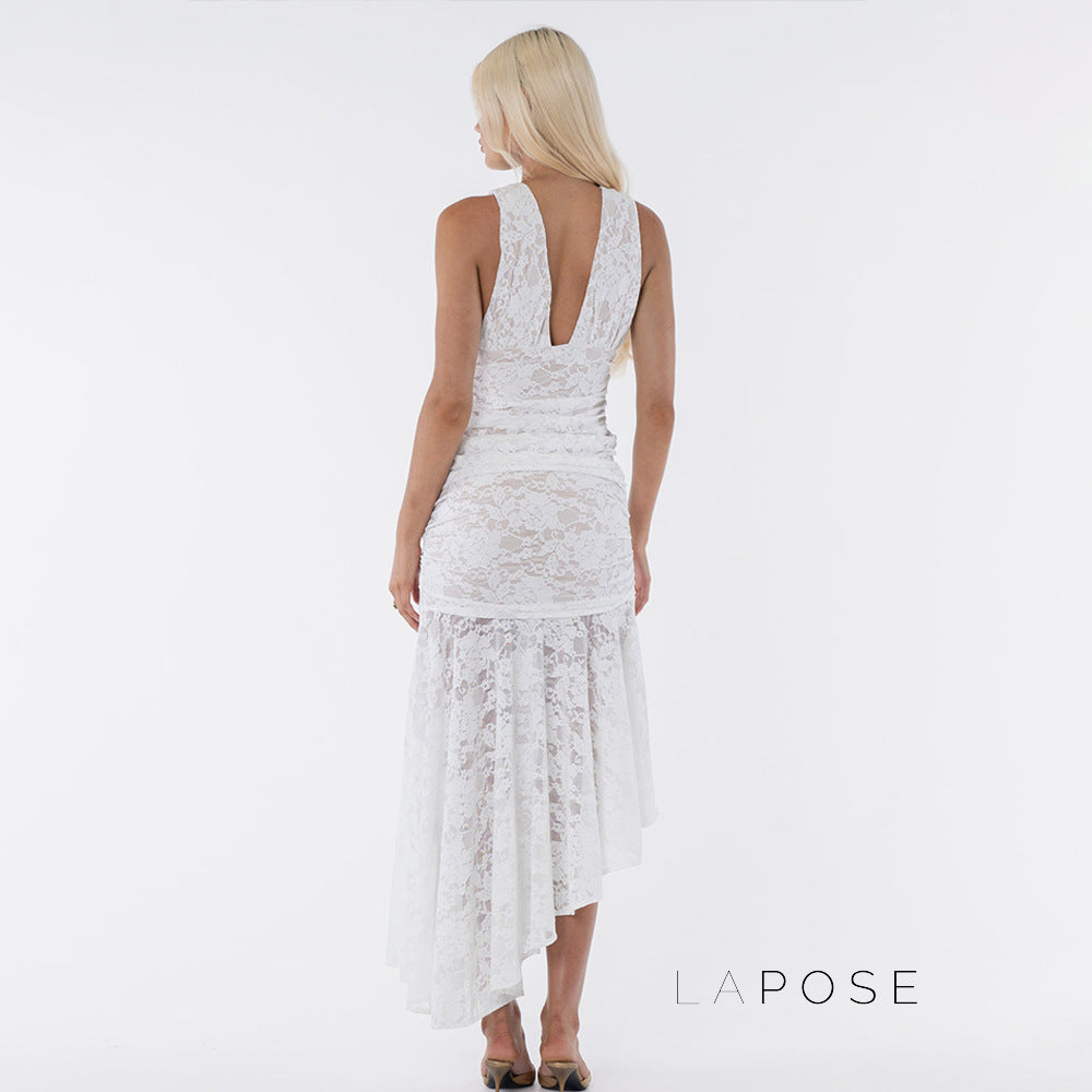 Kaliah Lace Ruched Asymmetric Dress
