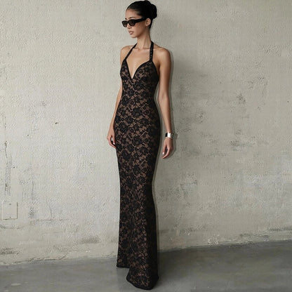 Lace Halter Slit Maxi Dress