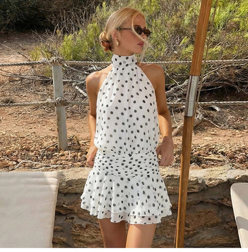 Polka Dot Halter Backless Mini Dress