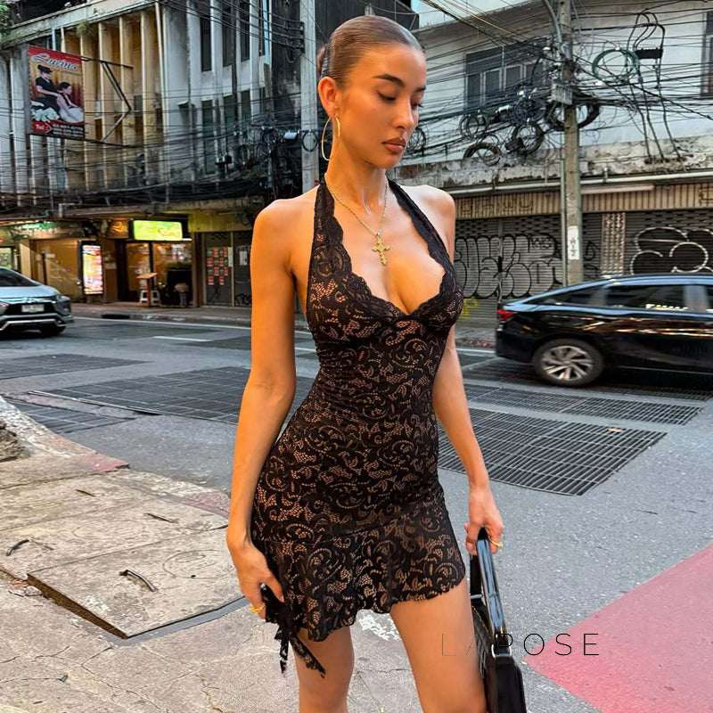 Rihanna Lace Halter Mini Dress
